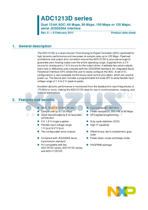 ADC1213D105C1 datasheet - Dual 12-bit ADC; 65 Msps, 80 Msps, 105 Msps or 125 Msps; serial JESD204A interface