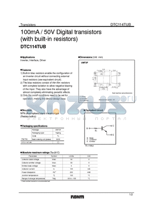 DTC114TUB datasheet - 100mA / 50V Digital transistors