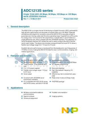 ADC1213S080C1 datasheet - Single 12-bit ADC; 65 Msps, 80 Msps, 105 Msps or 125 Msps; serial JESD204A interface
