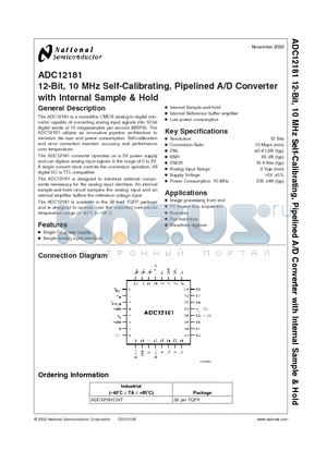 ADC12181EVAL datasheet - 12-Bit, 10 MHz Self-Calibrating, Pipelined A/D Converter with Internal Sample & Hold