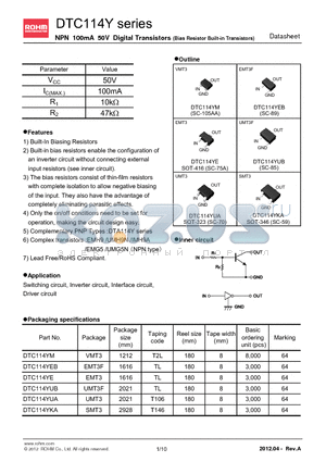 DTC114YEB datasheet - NPN 100mA 50V Digital Transistors (Bias Resistor Built-in Transistors)