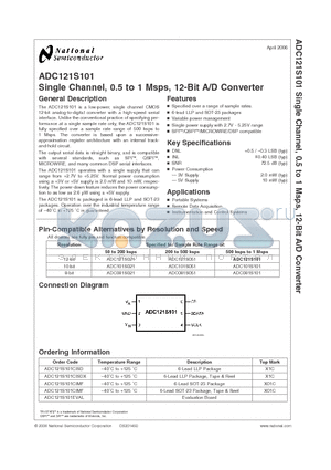 ADC121S101CIMF datasheet - Single Channel, 0.5 to Msps, 12-Bit A/D Converter