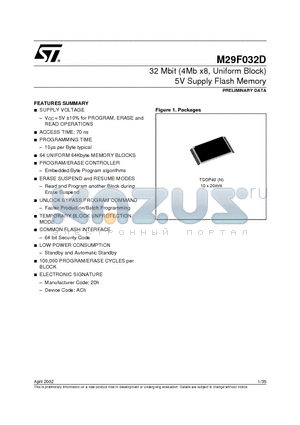 M29F032D datasheet - 32 Mbit (4Mb x8, Uniform Block) 5V Supply Flash Memory