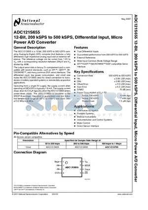 ADC121S655 datasheet - 12-Bit, 200 kSPS to 500 kSPS, Differential Input, Micro Power A/D Converter