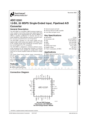 ADC12281 datasheet - 12-Bit, 20 MSPS Single-Ended Input, Pipelined A/D Converter