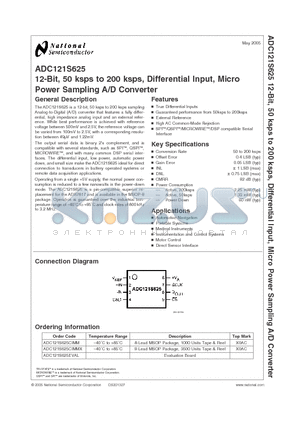 ADC121S625CIMMX datasheet - 12-Bit, 50 ksps to 200 ksps, Differential Input, Micro Power Sampling A/D Converter