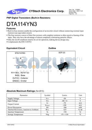 DTC114YN3 datasheet - PNP Digital Transistors (Built-in Resistors)