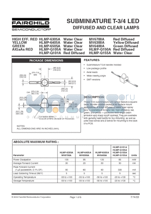 HLMP-6405A datasheet - SUBMINIATURE T-3/4 LED DIFFUSED and CLEAR LAMPS