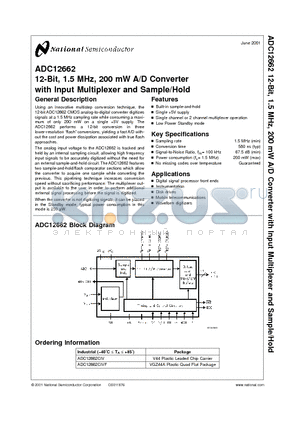 ADC12662 datasheet - 12-Bit, 1.5 MHz, 200 mW A/D Converter with Input Multiplexer and Sample/Hold