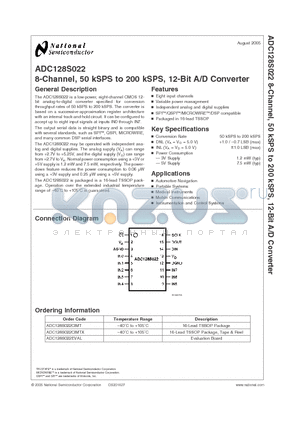 ADC128S022CIMTX datasheet - 8-Channel, 50 kSPS to 200 kSPS, 12-Bit A/D Converter