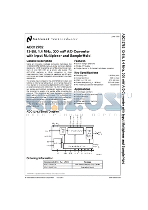 ADC12762 datasheet - 12-Bit, 1.4 MHz, 300 mW A/D Converter with Input Multiplexer and Sample/Hold