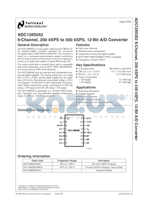 ADC128S052 datasheet - 8-Channel, 200 kSPS to 500 kSPS, 12-Bit A/D Converter
