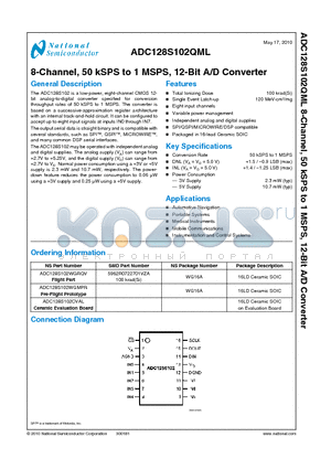 ADC128S102QML datasheet - 8-Channel, 50 kSPS to 1 MSPS, 12-Bit A/D Converter