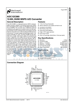 ADC12C080 datasheet - 12-Bit, 65/80 MSPS A/D Converter