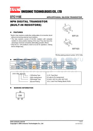 DTC115E datasheet - NPN DIGITAL TRANSISTOR (BUILT-IN RESISTORS)