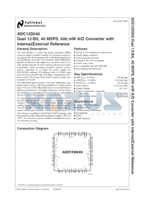 ADC12D040EVAL datasheet - Dual 12-Bit, 40 MSPS, 600 mW A/D Converter with Internal/External Reference