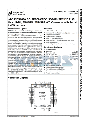 ADC12DS065 datasheet - Dual 12-Bit, 65/80/95/105 MSPS A/D Converter with Serial LVDS outputs