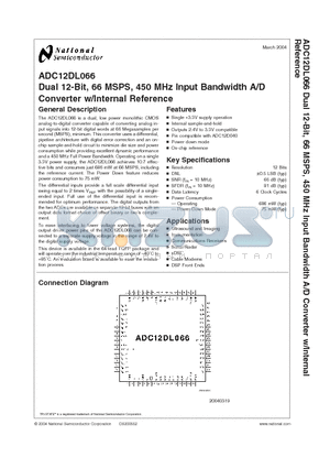 ADC12DL066 datasheet - Dual 12-Bit, 66 MSPS, 450 MHz Input Bandwidth A/D Converter w/Internal Reference