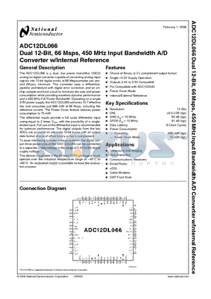 ADC12DL066CIVS datasheet - Dual 12-Bit, 66Msps, 450MHz Input Bandwidth A/D Converter w/Internal Reference