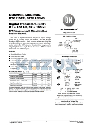 DTC115EM3T5G datasheet - Digital Transistors (BRT) R1 = 100 k, R2 = 100 k
