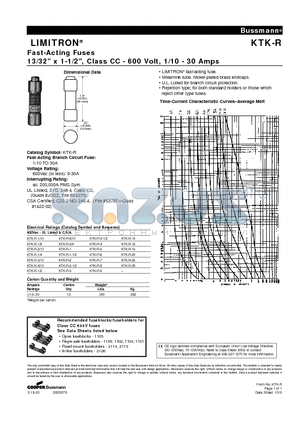 KTK-R-1 datasheet - Fast-Acting Fuses 13/32 x 1-1/2, Class CC - 600 Volt, 1/10 - 30 Amps