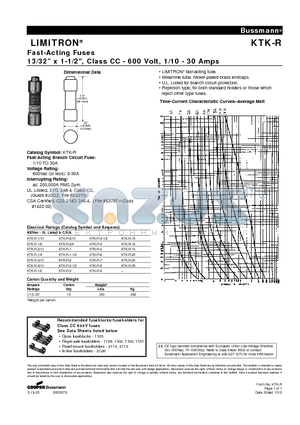 KTK-R-25 datasheet - Fast-Acting Fuses 13/32 x 1-1/2, Class CC - 600 Volt, 1/10 - 30 Amps