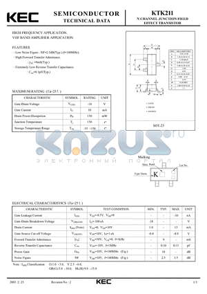 KTK211 datasheet - N CHANNEL JUNCTION FIFLD EFFFCT TRANSISTOR (HIGH FREQUENCY, VHF BAND AMPLIFIER)