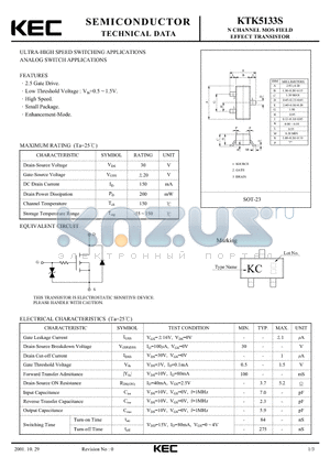 KTK5133S datasheet - N CHANNEL MOS FIELD EFFECT TRANSISTOR (ULTRA-HIGH SPEED SWITCHING,  ANALOG SWITCH)