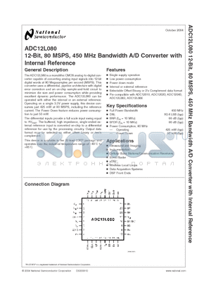 ADC12L080 datasheet - 12-Bit, 80 MSPS, 450 MHz Bandwidth A/D Converter with Internal Reference
