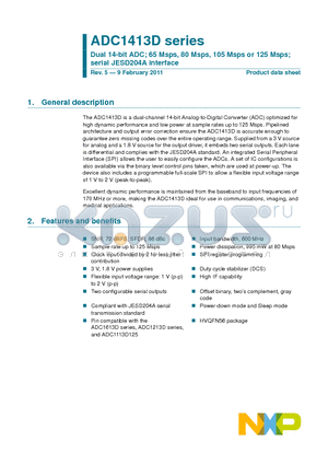 ADC1413D105C1 datasheet - Dual 14-bit ADC; 65 Msps, 80 Msps, 105 Msps or 125 Msps serial JESD204A interface