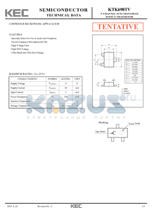 KTK698TV datasheet - N CHANNEL JUNCTION FIELD EFFECT TRANSISTOR CONDENSER MICROPHONE APPLICATION