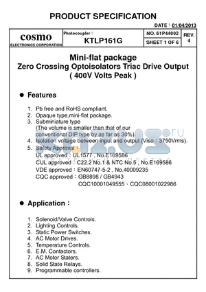 KTLP161G datasheet - High Reliability Photocoupler