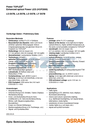 LOE67B datasheet - Power TOPLED Enhanced optical Power LED (HOP2000)