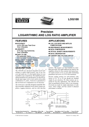 LOG100 datasheet - Precision LOGARITHMIC AND LOG RATIO AMPLIFIER