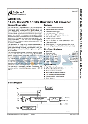 ADC14155CISQ datasheet - 14-Bit, 155 MSPS, 1.1 GHz Bandwidth A/D Converter