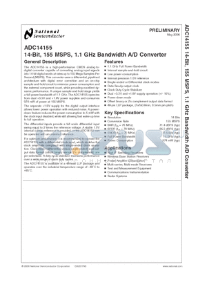 ADC14155CISQ datasheet - 14-Bit, 155 MSPS, 1.1 GHz Bandwidth A/D Converter