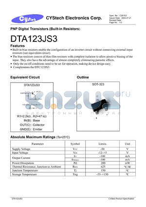 DTC123JS3 datasheet - PNP Digital Transistors (Built-in Resistors)