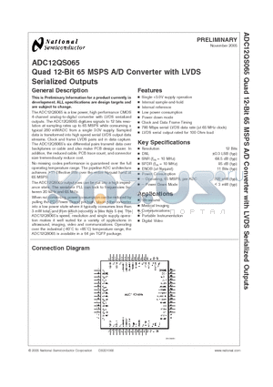 ADC12QS065CIVS datasheet - Quad 12-Bit 65 MSPS A/D Converter with LVDS Serialized Outputs