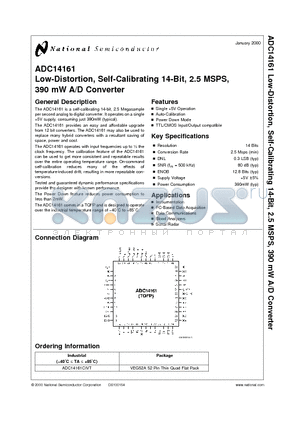 ADC14161CIVT datasheet - Low-Distortion, Self-Calibrating 14-Bit, 2.5 MSPS, 390 mW A/D Converter