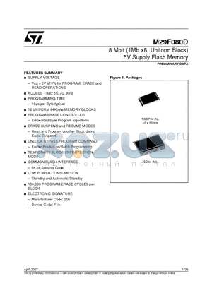 M29F080D datasheet - 8 Mbit (1Mb x8, Uniform Block) 5V Supply Flash Memory