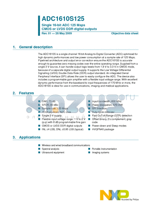 ADC1610S125HN/C1 datasheet - Single 16-bit ADC 125 Msps CMOS or LVDS DDR digital outputs