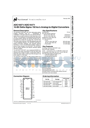 ADC16071CIN datasheet - 16-Bit Delta-Sigma 192 ks/s Analog-to-Digital Converters