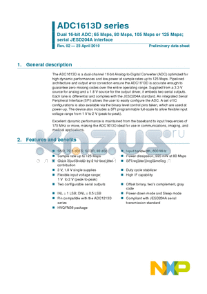 ADC1613D080HN/C1 datasheet - Dual 16-bit ADC; 65 Msps, 80 Msps, 105 Msps or 125 Msps; serial JESD204A interface