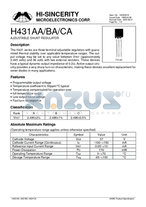 H431 datasheet - AJDUSTABLE SHUNT REGULATOR