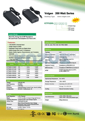 KTPS200-24083/S datasheet - Volgen 200 Watt Series