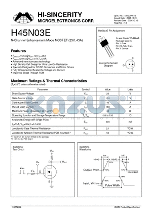 H45N03E datasheet - N-Channel Enhancement-Mode MOSFET (25V, 45A)