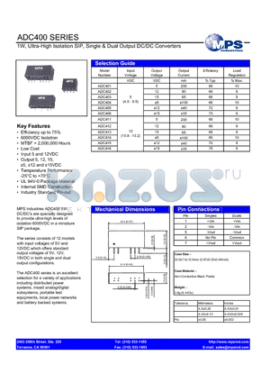 ADC412 datasheet - 1W, Ultra-High Isolation SIP, Single & Dual Output DC/DC Converters