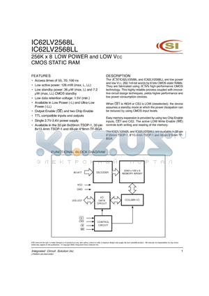 IC62LV2568L-100HI datasheet - 256K x 8 LOW POWER AND LOW Vcc CMOS STATIC RAM