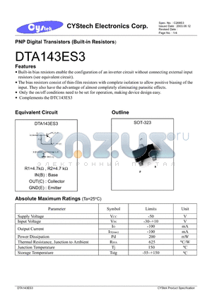 DTC143ES3 datasheet - PNP Digital Transistors (Built-in Resistors)