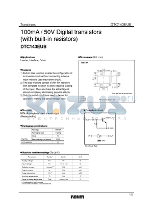 DTC143EUB datasheet - 100mA / 50V Digital transistors (with built-in resistors)